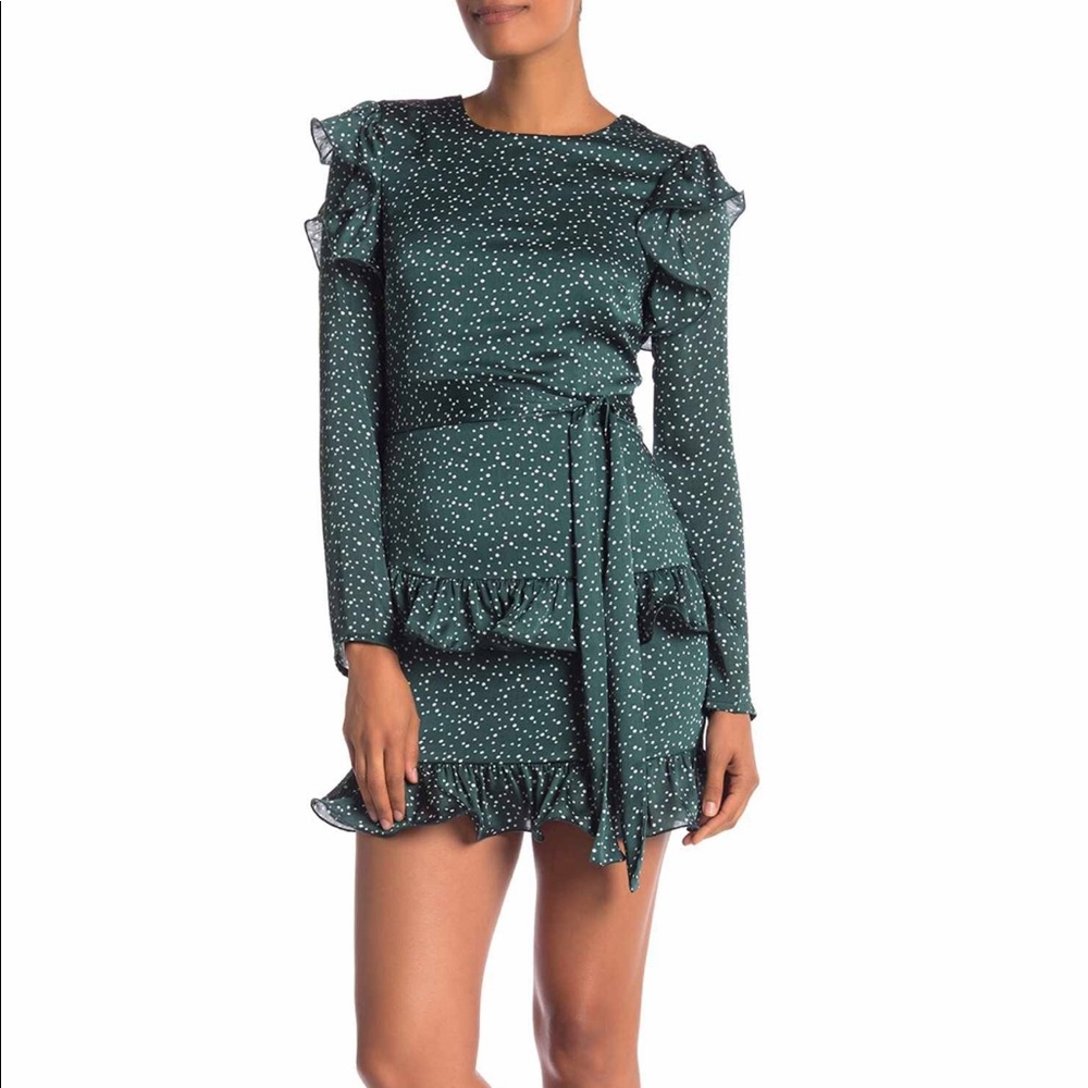 Green Fanco Ruffled Polkadot Crew Neck Dress- S